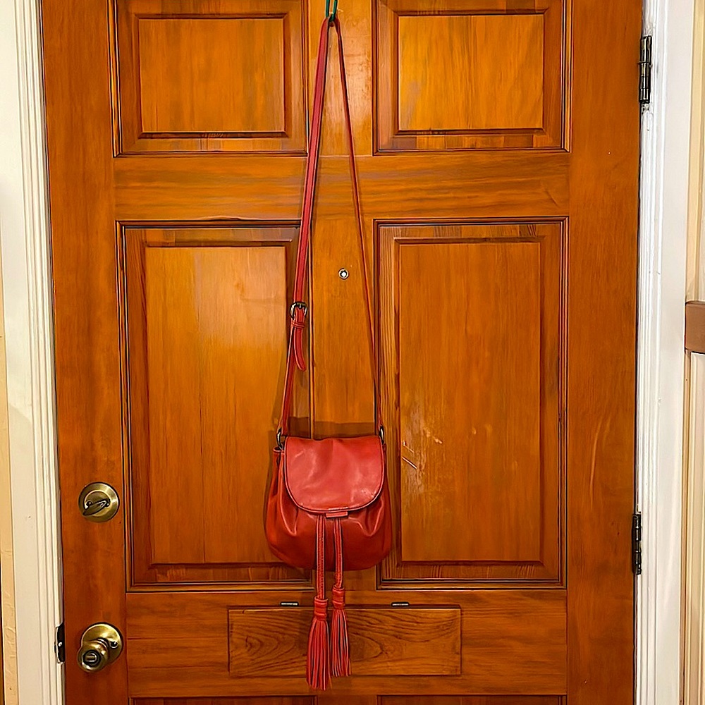 Lucky Brand Leather Crossbody Red Bucket Purse (compact 8"x9" yet roomy 7"x1.5")